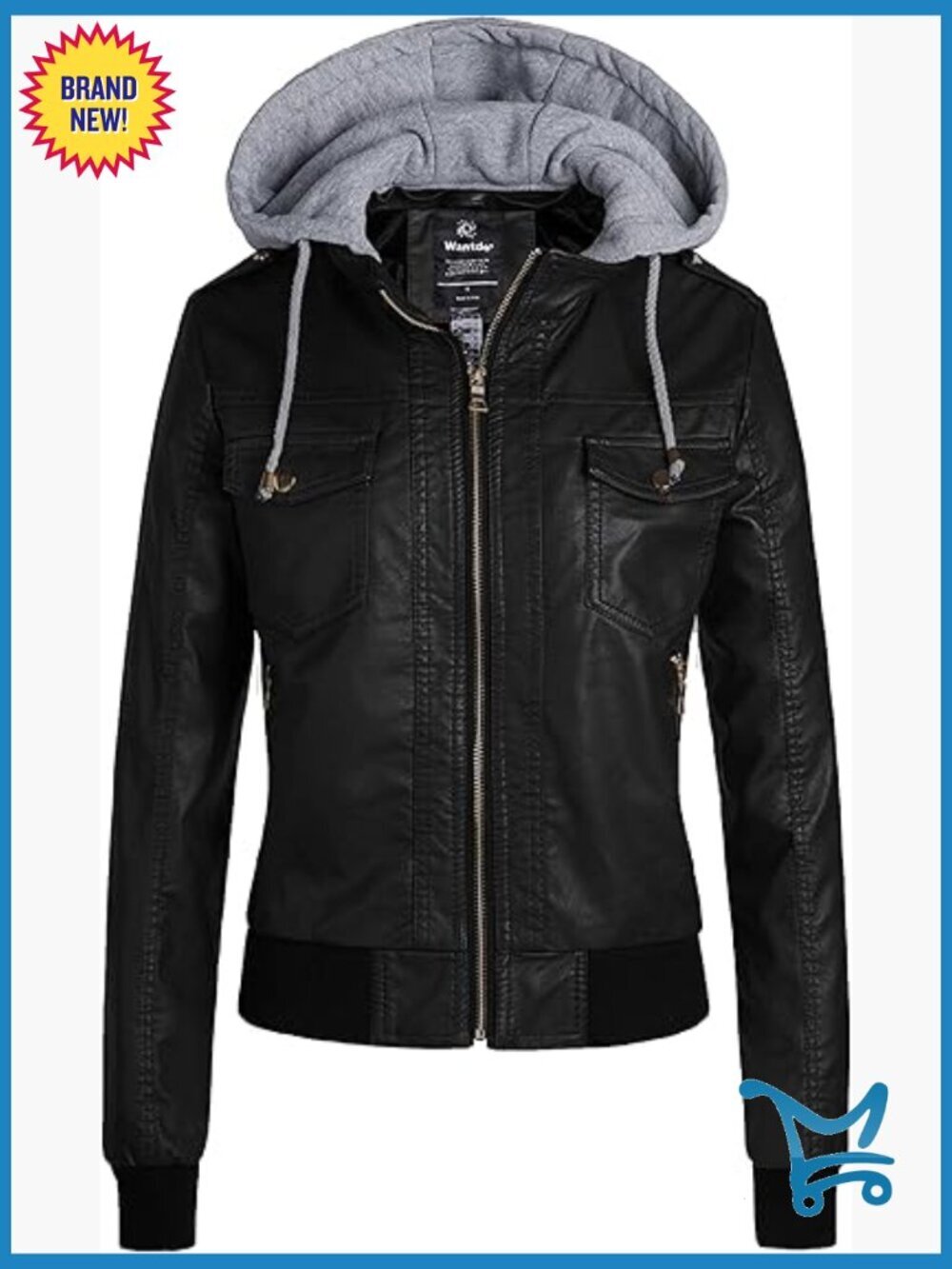 Lightweight PU Leather Jacket Faux Leather Biker Coat with Removable Hood